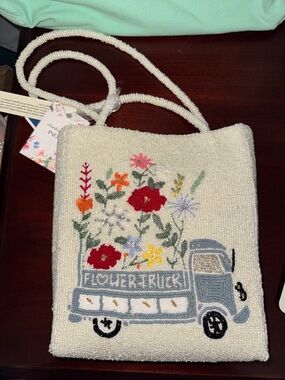 Beaded Flower Truck  Tote - White Floral